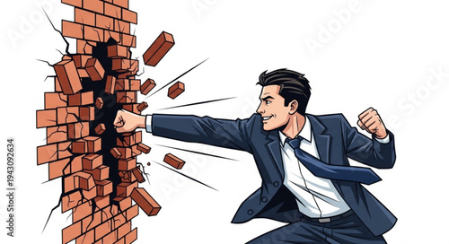 Man Breaking Through Brick Wall.