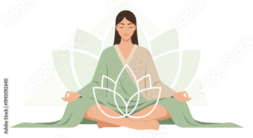 Zen Woman Meditating In Lotus Pose With A Beautiful Floral Pattern Background