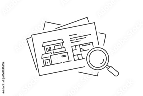 物件情報を虫眼鏡で確認する不動産のベクターアイコン (線画・モノクロ) Editable stroke