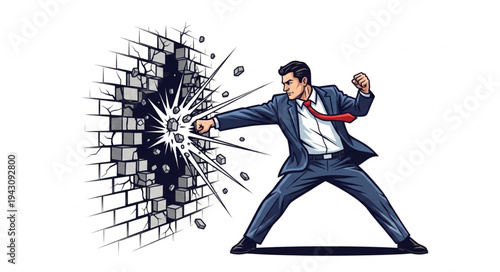Man Breaking Through Brick Wall.