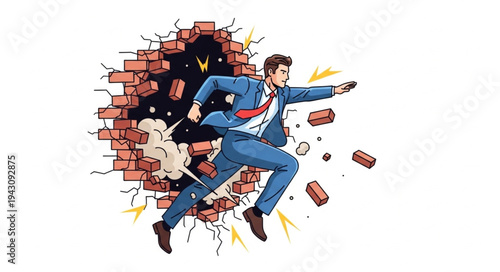 Man Breaking Through Brick Wall.