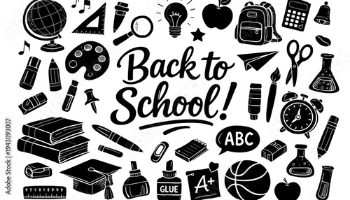 A black and white illustration of Back to School supplies and icons