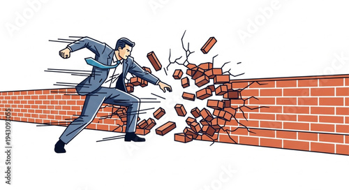 Man Breaking Through Brick Wall.