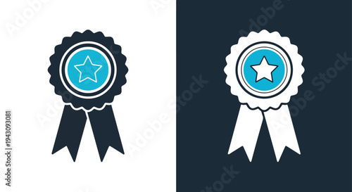 Award Badge Icon Set - Teal Ribbon Star Achievement Success Vector - Blue icon set - Modern style icon  - Glyph and solid icon set - Icon vector