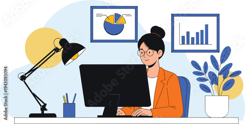 Businesswoman Working at Desk Icon Set Featuring Office Environment with Graphs, Pie Charts, and Laptop for Data and Analytics Designs