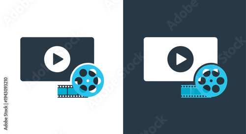 Video Play Icon Set - Flat Design Blue Movie Film Reel Vector - minimalist, flat icon, outline, glyph, linear, clipart, sticker - icon set