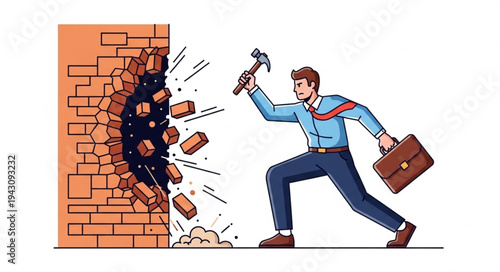 Man Breaking Through Brick Wall.