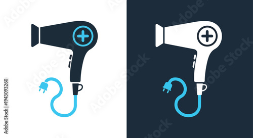 Hair Dryer Charging Icon Set - Flat Design Power Battery Blue Vector - Blue icon set - Modern style icon  - Glyph and solid icon set - Icon vector