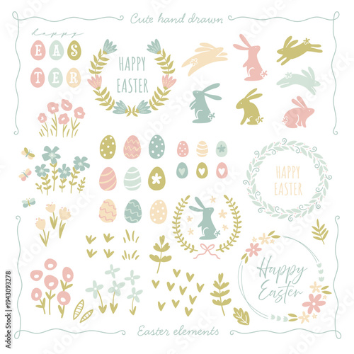 Fun and hand drawn colorful Easter elements, cute bunnies, flowers and Easter eggs designs, great as decorative elements for prints or web - vector illustrations