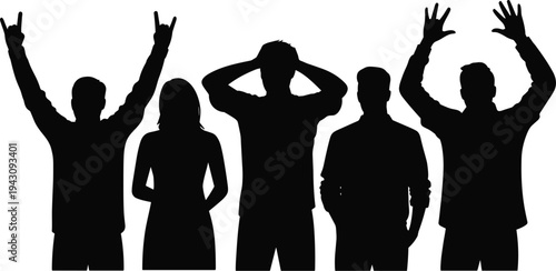 Silhouette Group Of Five People With Raised Hands And Gestures crowd celebration