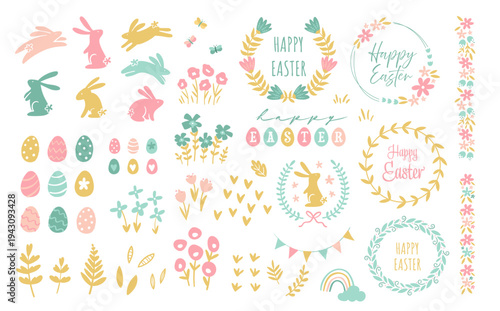 Fun and hand drawn colorful Easter elements, cute bunnies, flowers and Easter eggs designs, great as decorative elements for prints or web - vector illustrations
