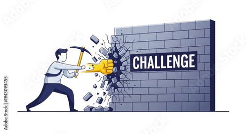 Man Breaking Through Brick Wall.