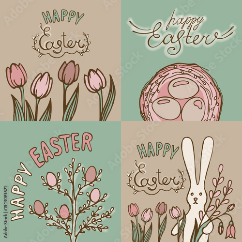 Set of Happy Easter cards on kraft paper, hand-drawn, flowers tulips, rabbit and eggs