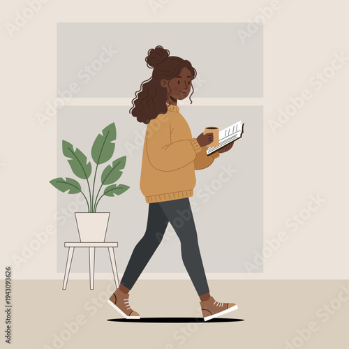 Black woman walking while reading a book and drinking hot coffee in a cozy modern room with house plants flat vector illustration