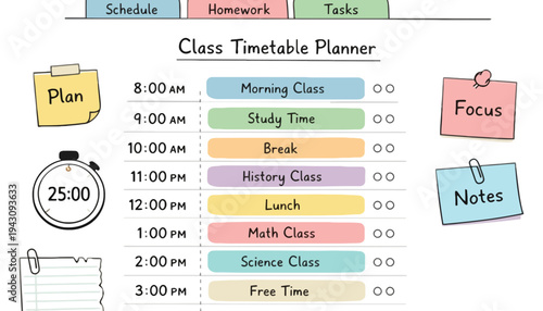 A colorful class timetable planner with schedule and tasks for students