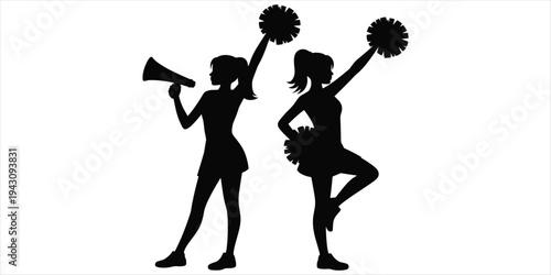 Silhouette Of Two Cheerleaders With Pom- Poms And Megaphone pom-poms sport
