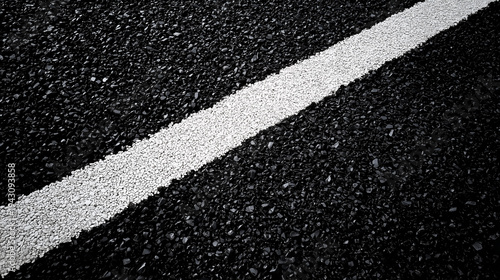 Extreme closeup fresh black asphalt road texture with bold diagonal double white lane marking lines, rough granular gravel surface detail, high contrast monochrome road infrastructure concept.