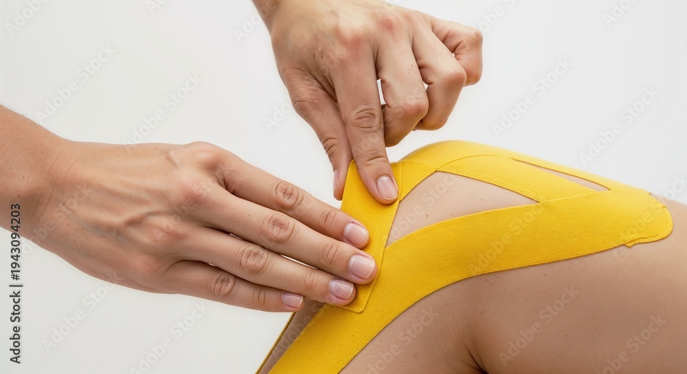 Fototapeta premium Knee with yellow kinesiology tape for joint support and rehabilitation against neutral background