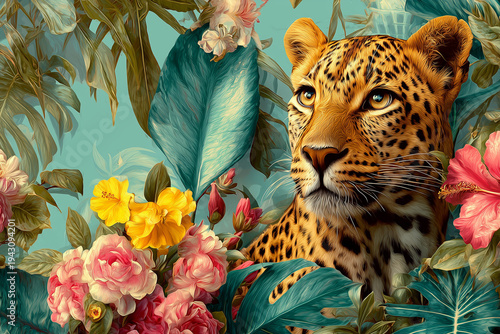 Vintage drawing of leopard animal print pattern wildlife mammal flower