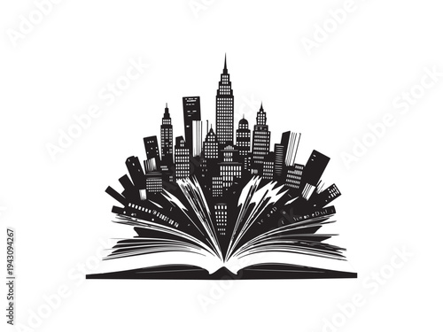 An open book with a city skyline emerging from its pages.