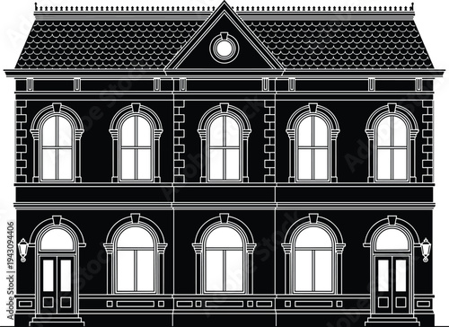 Elegant classical two‑story building illustration with symmetrical facade, ornate arched windows, decorative gable, pilasters, lanterns, and detailed 