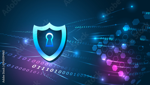 Abstract cybersecurity concept with glowing shield and keyhole over digital network, binary code and hexagonal data flow, symbolizing data protection, encryption, and secure internet technology.
