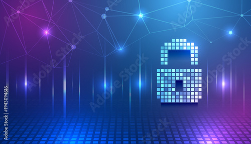 Digital security concept with glowing lock icon, network connections, and blue-purple gradient background, representing cybersecurity, data protection, privacy, and secure digital communication.