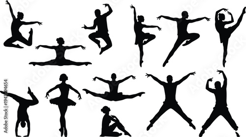 Elegant silhouettes of ballet and contemporary dancers in dynamic poses, showcasing graceful leaps, splits, arabesques, and expressive movements for artistic, educational, and design inspiration.