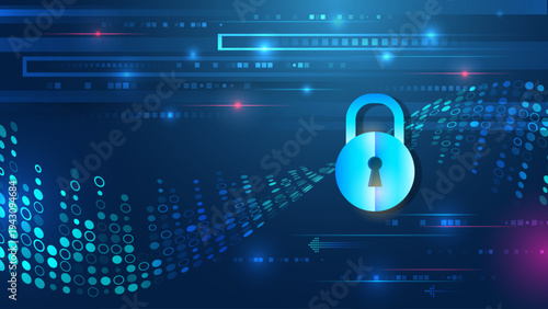 Cybersecurity concept with glowing lock icon, digital wave, and data streams on a blue technology background, symbolizing encryption, secure networks, data protection, and safe digital communication.
