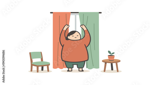 A cartoon woman opens colorful curtains in a cozy room