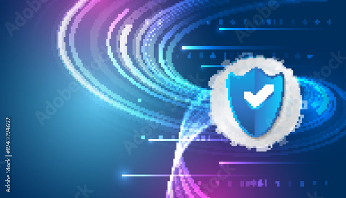 Cyber security concept with shield and check mark on futuristic digital background with flowing data lines and binary code, representing secure systems, data protection, and trusted technology.