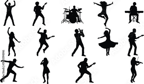 Energetic silhouettes of musicians and dancers performing with guitar, drums, violin, keyboard, and singers in dynamic poses, showcasing vibrant music and dance culture illustration