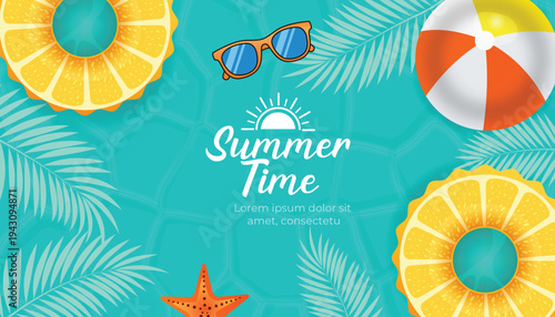 Vibrant summer time background with inflatables and sunglasses on green