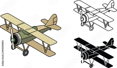 Classic biplane airplane silhouette & Outline and illustration set isolated on transparent background