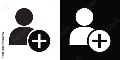 Human profile silhouette with a plus sign icon. Clean vector design for user registration, adding friends, new account creation, and social media member recruitment.
