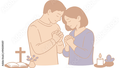 A praying couple in a simple illustration with a cross and candle