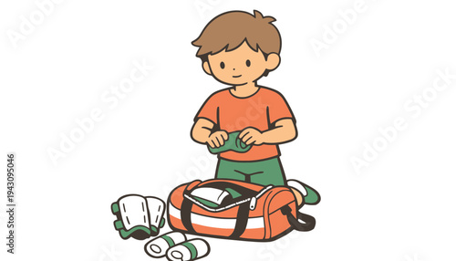 A boy packing a sports bag with equipment for a game