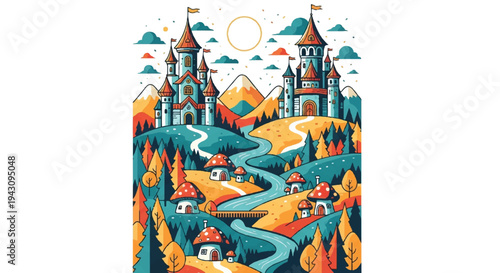 Fantasy castle landscape illustration with colorful trees and mountains