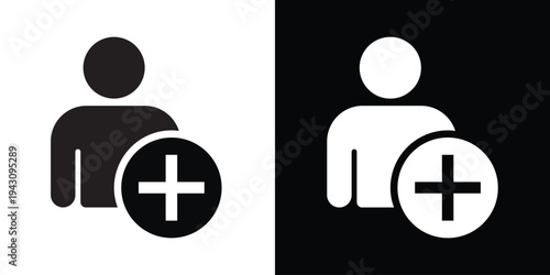 Human profile silhouette with a plus sign icon. Clean vector design for user registration, adding friends, new account creation, and social media member recruitment.