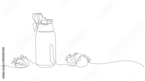 Continuous One Line Drawing of Strawberry Juice in a Glass Bottle with Fresh Whole and Sliced Berries. Editable stroke