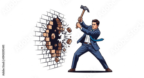 Man Breaking Wall with Hammer.