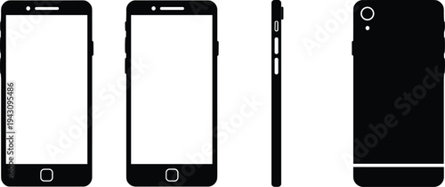 Modern smartphone silhouettes showing front, side, and rear views with detailed buttons, camera, and screen layout for technology, mobile design, and user interface concepts