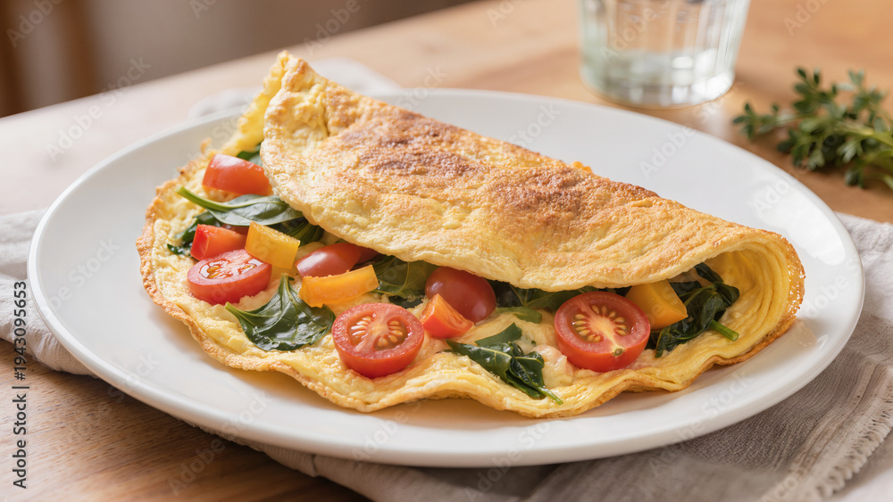 Obraz premium Vegetable omelet with cherry tomatoes, bell peppers and spinach on plate or wooden table. Suitable for food banners, cafe menus, healthy breakfast articles and websites. 