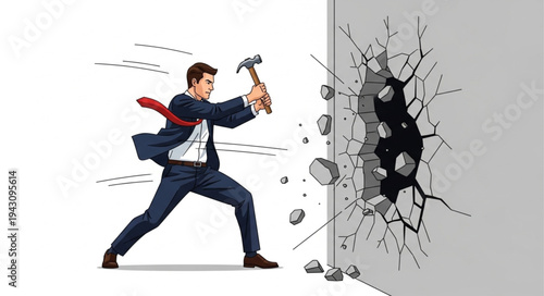 Man Breaking Wall with Hammer.