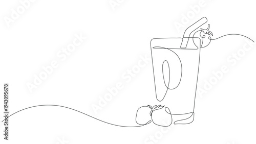 Continuous One Line Drawing of Strawberry Smoothie in  Glass with Berries. Editable stroke