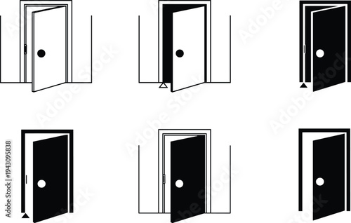 Set of six illustrated doors in various open positions with shading, hinge direction, and movement symbols, perfect for architecture, design, and spatial reasoning concepts