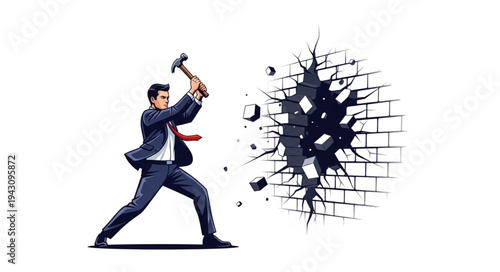 Man Breaking Wall with Sledgehammer.