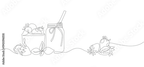 Continuous One Line Drawing of Strawberry Smoothie in a Mason Jar with Fresh Berries and Mint Leaves.