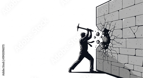 Man Breaking Wall with Sledgehammer.