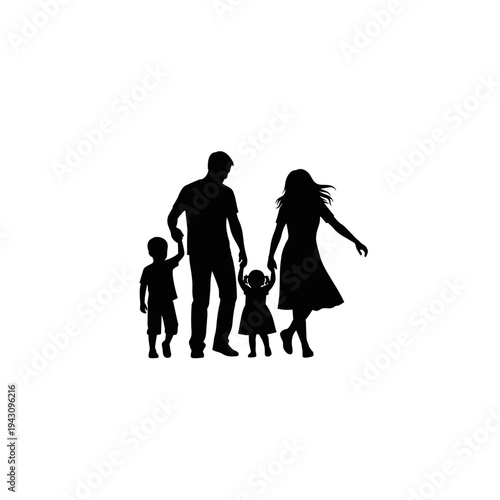 Family with two children walking together silhouette on white background
